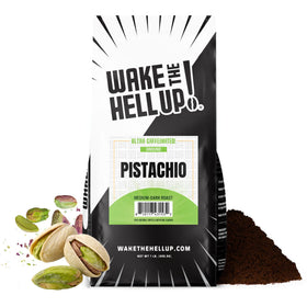 Wake The Hell Up! pistachio ground coffee front pack boosts morning focus.
