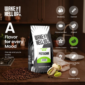 Wake The Hell Up! pistachio ground coffee milk pour suggests smooth aroma.