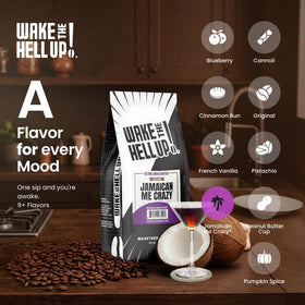 Wake The Hell Up! steaming cup with ground scent suggests a sensory energizing ritual.