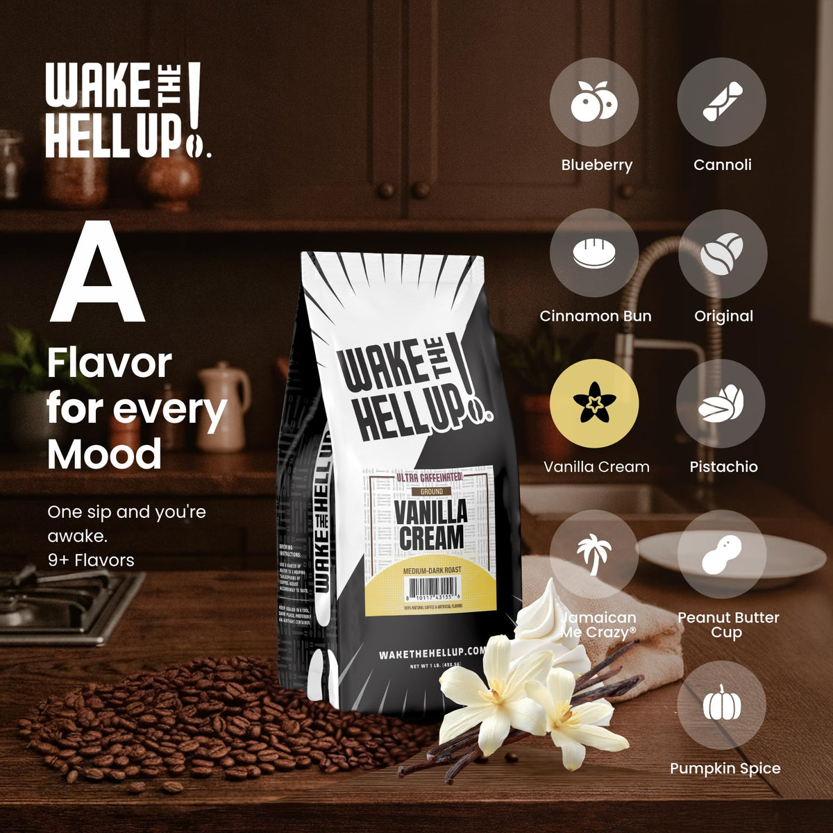 Wake The Hell Up! vanilla cream bag close-up showing low-acid profile.