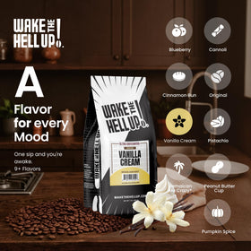 Wake The Hell Up! vanilla cream bag close-up showing low-acid profile.