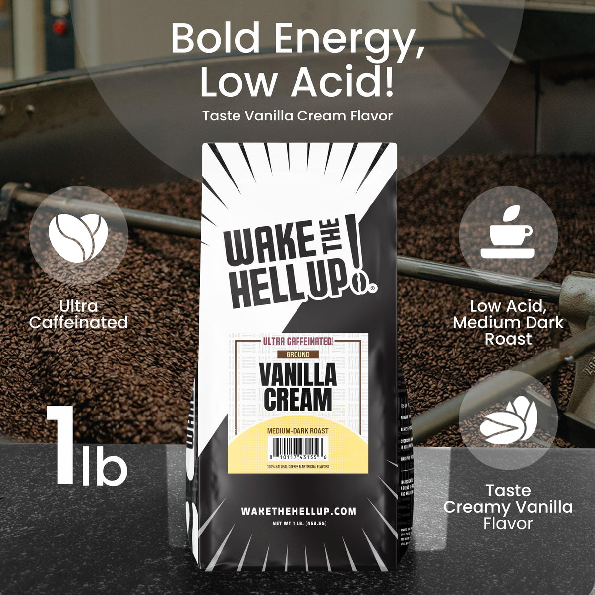 Wake The Hell Up! vanilla cream ground coffee close-up for flavor-rich brew.