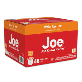 Wake Up Joe capsules beside packaging, premium arabica blend