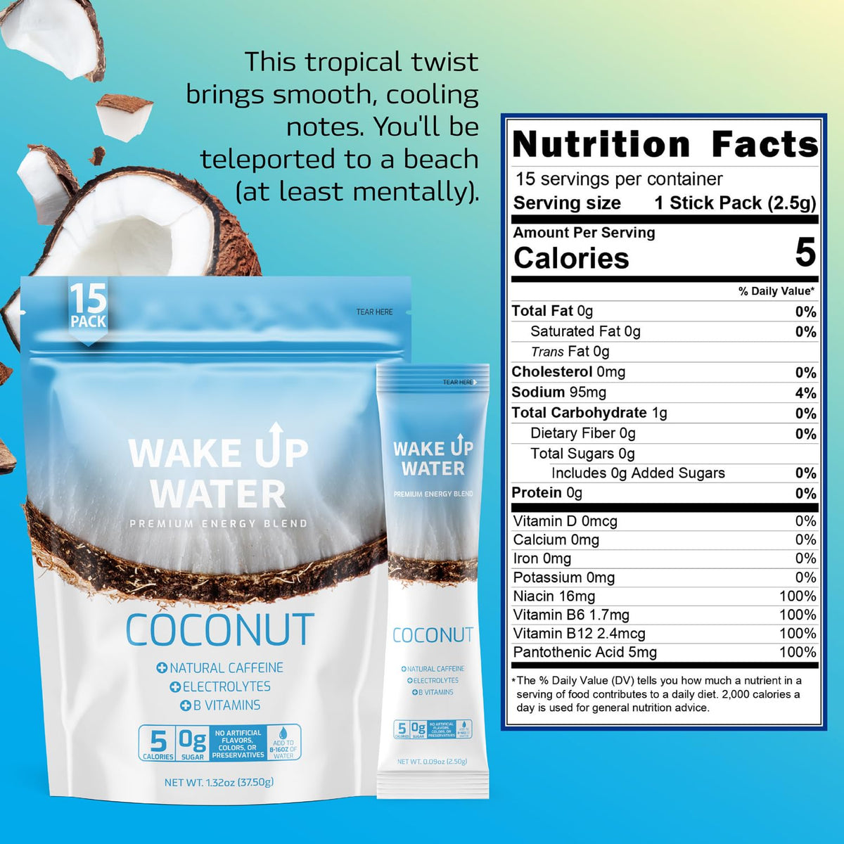 Wake Up Water Coconut glass with powder ready to mix for a refreshing sip.
