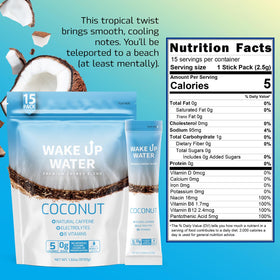 Wake Up Water Coconut glass with powder ready to mix for a refreshing sip.