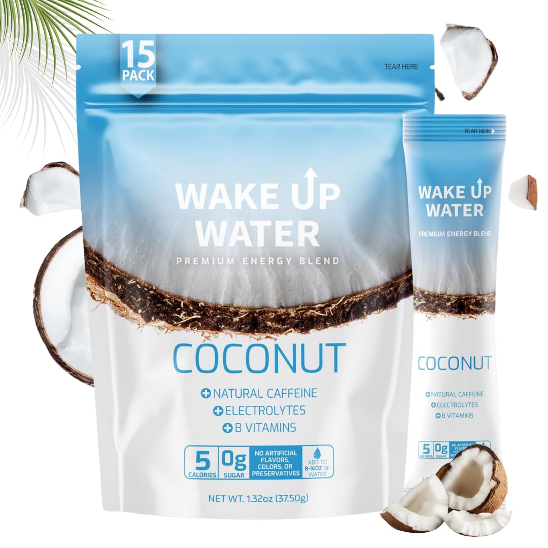Wake Up Water Coconut packet for convenient hydration with light, tropical flavor.