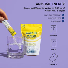 Wake Up Water electrolytes and B vitamins blend supports hydration during workouts.