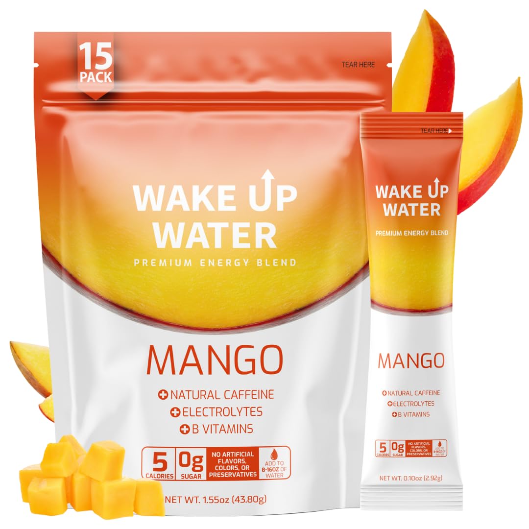 Wake Up Water Mango energy drink packet for on-the-go hydration and focus.