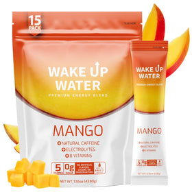 Wake Up Water Mango energy drink packet for on-the-go hydration and focus.
