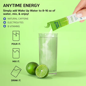 Wake Up Water Citrus flavor bag highlighting electrolytes for hydration.