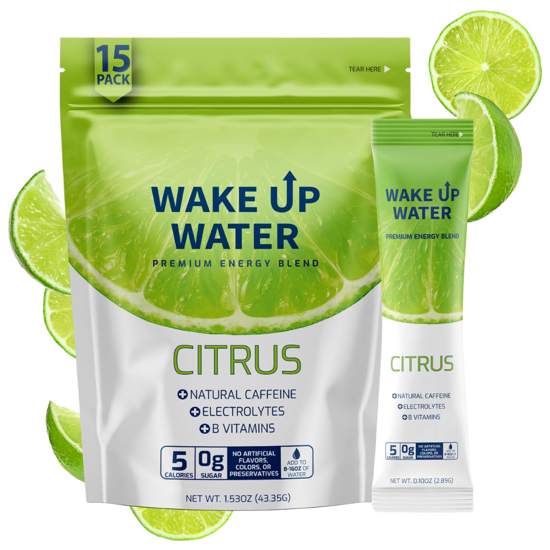 Wake Up Water Citrus packet dissolving in water for refreshing energy.