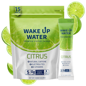 Wake Up Water Citrus packet dissolving in water for refreshing energy.