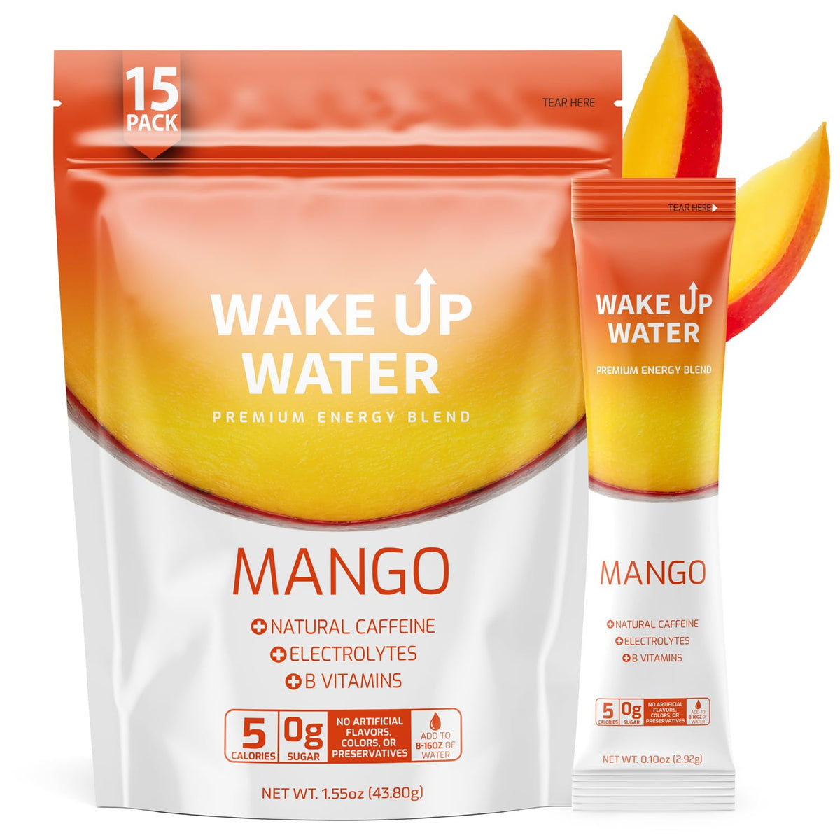 Wake Up Water nutrition panel highlights zero sugar and five calories.