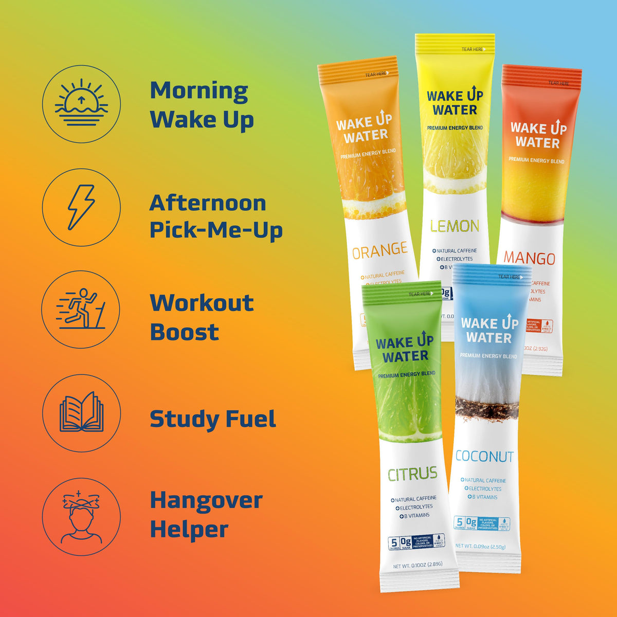 Wake Up Water lemon packet ideal for bright, invigorating hydration.