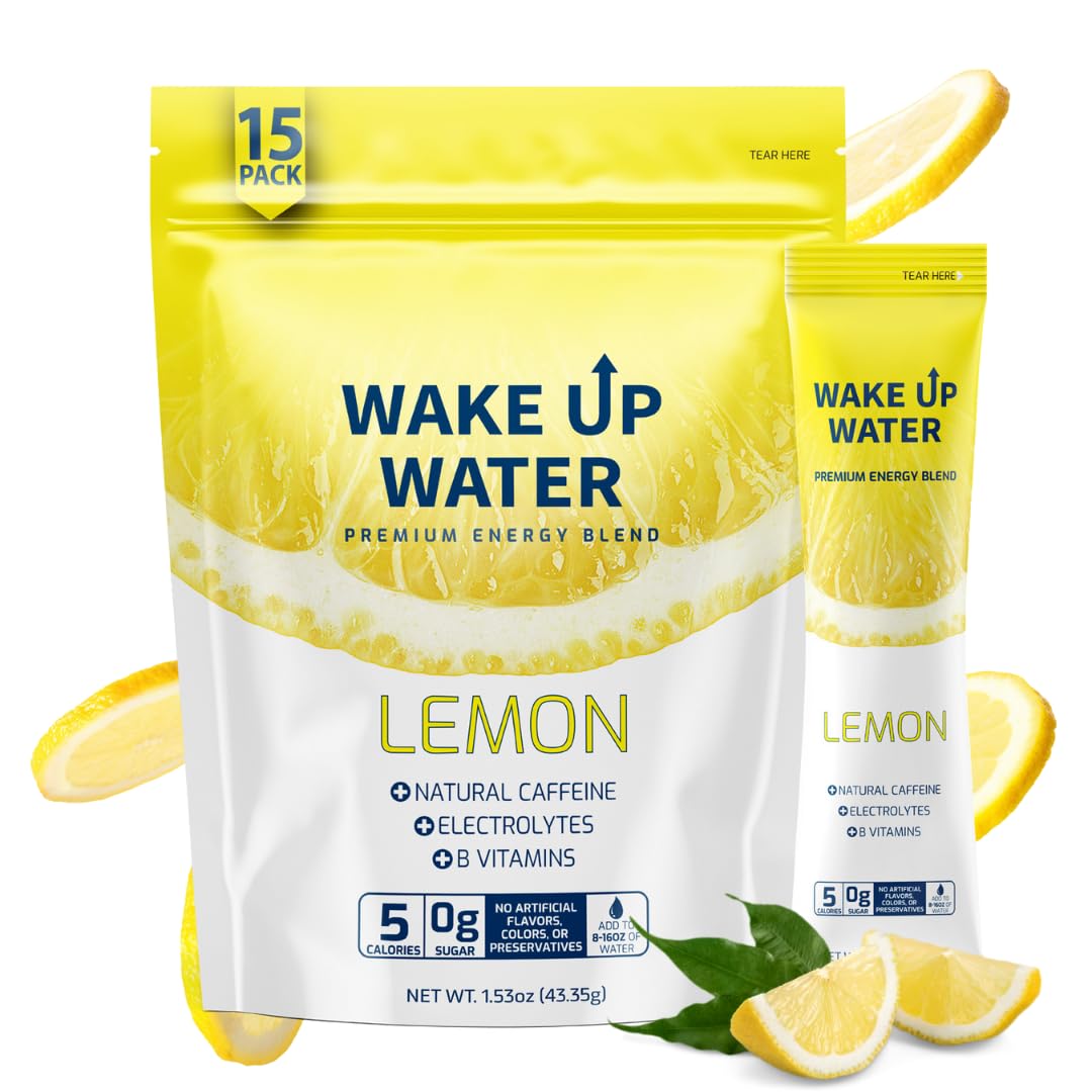 Wake Up Water lemon powder dissolves in water for a crisp, energizing start.