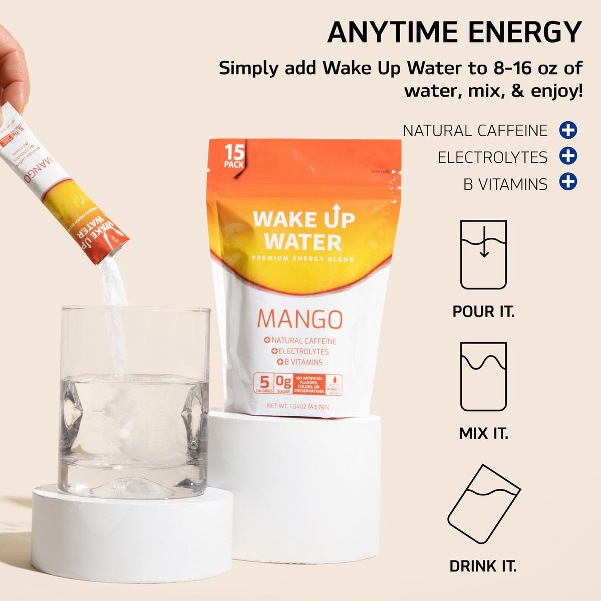 Wake Up Water Mango flavor powder tub ready for a refreshing hydration boost.