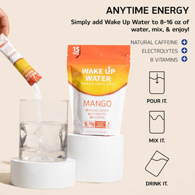 Wake Up Water Mango flavor powder tub ready for a refreshing hydration boost.