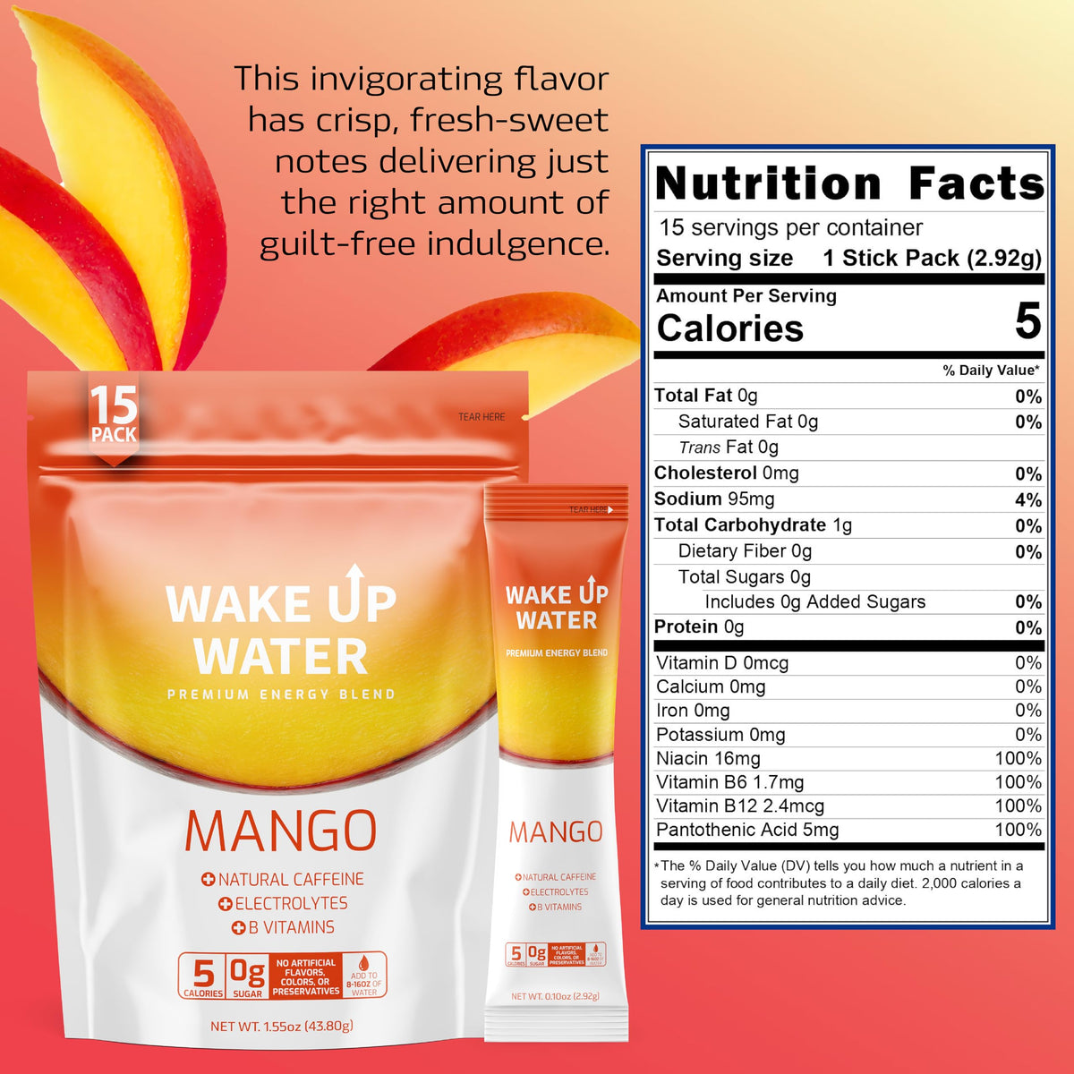 Wake Up Water Mango packet dispensed into a glass for quick energy.