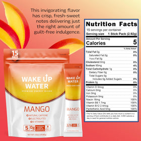 Wake Up Water Mango packet dispensed into a glass for quick energy.