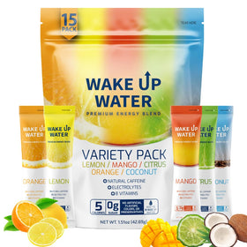 Wake Up Water mango packet showing flavorful energy and zero sugar benefits.