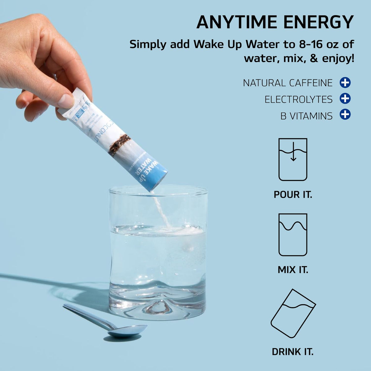 Wake Up Water natural caffeine bottle highlighting on-the-go energy and focus.