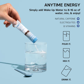 Wake Up Water natural caffeine bottle highlighting on-the-go energy and focus.
