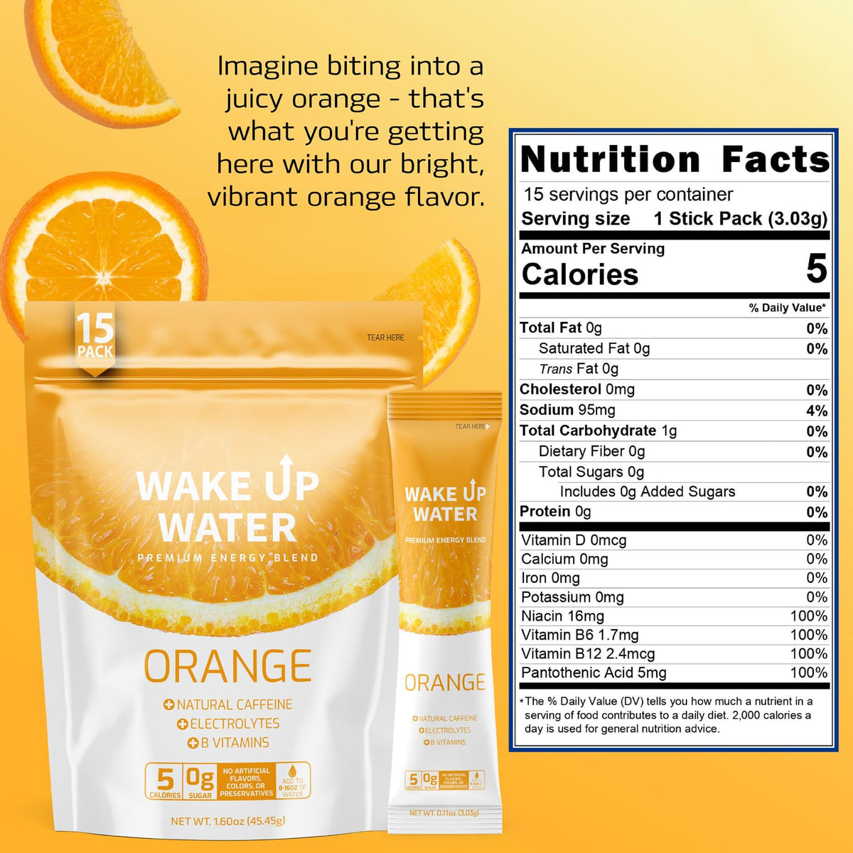 Wake Up Water orange glass – refreshing, sugar-free energy for your day.