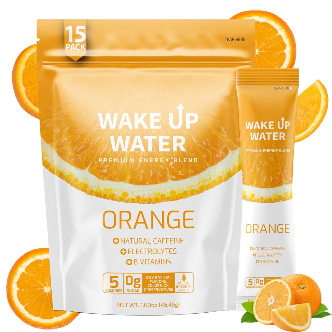 Wake Up Water orange packet – convenient energy and hydration on the go.