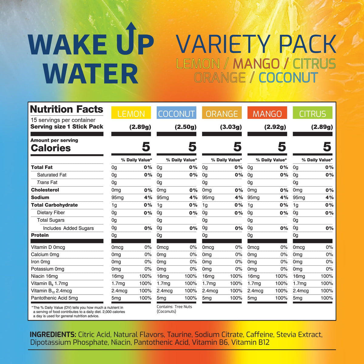 Wake Up Water orange packet highlighting refreshing hydration with natural caffeine.
