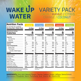 Wake Up Water orange packet highlighting refreshing hydration with natural caffeine.