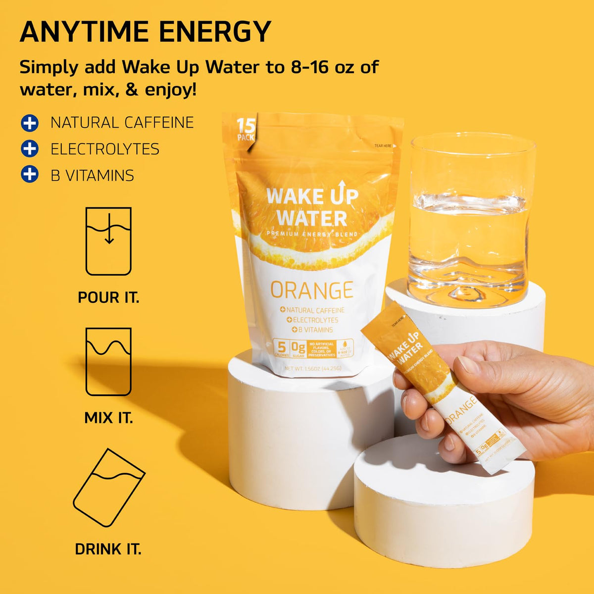 Wake Up Water orange travel-pack – easy on-the-go energy and hydration.