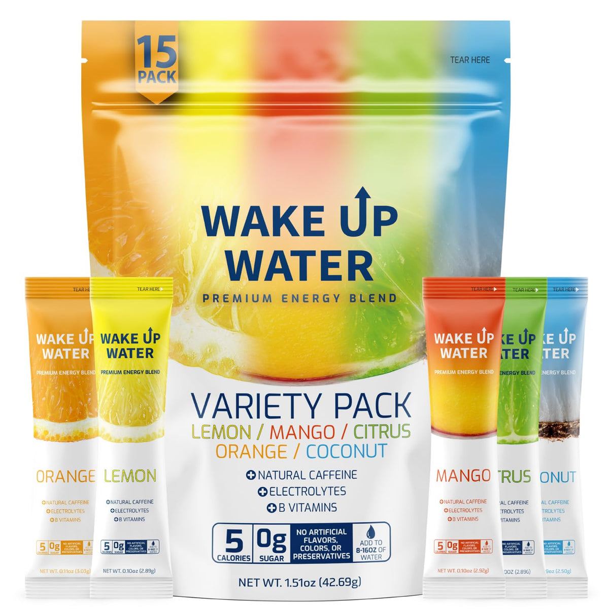 Wake Up Water travel-size packets for on-the-go hydration.