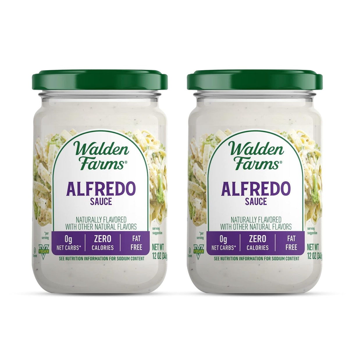 Walden Farms Alfredo sauce bottle on shelf, zero calorie option for weeknight meals