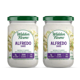 Walden Farms Alfredo sauce bottle on shelf, zero calorie option for weeknight meals
