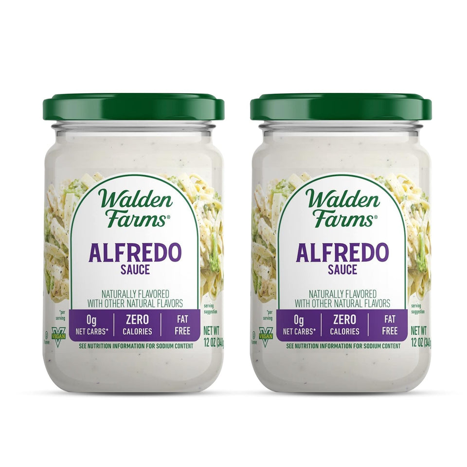 Walden Farms Alfredo sauce bottle on shelf, zero calorie option for weeknight meals