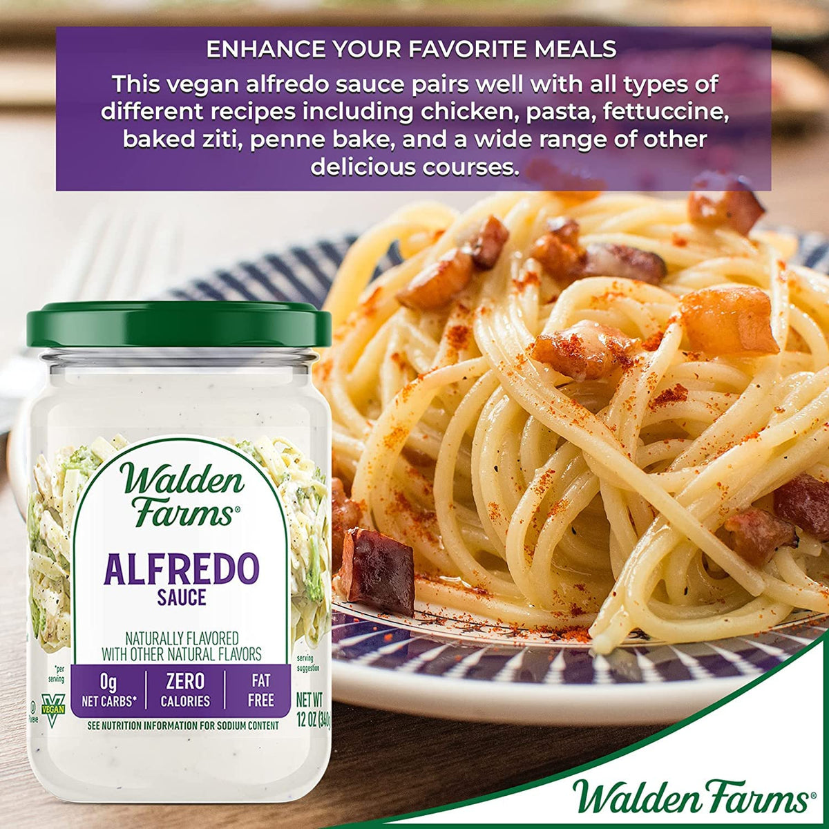 Walden Farms Alfredo sauce container back with nutrition details