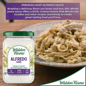 Walden Farms Alfredo sauce bottle with clean-label ingredients, dairy-free