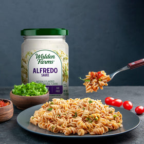 Walden Farms Alfredo sauce in glass jar, dairy-free creaminess for recipes