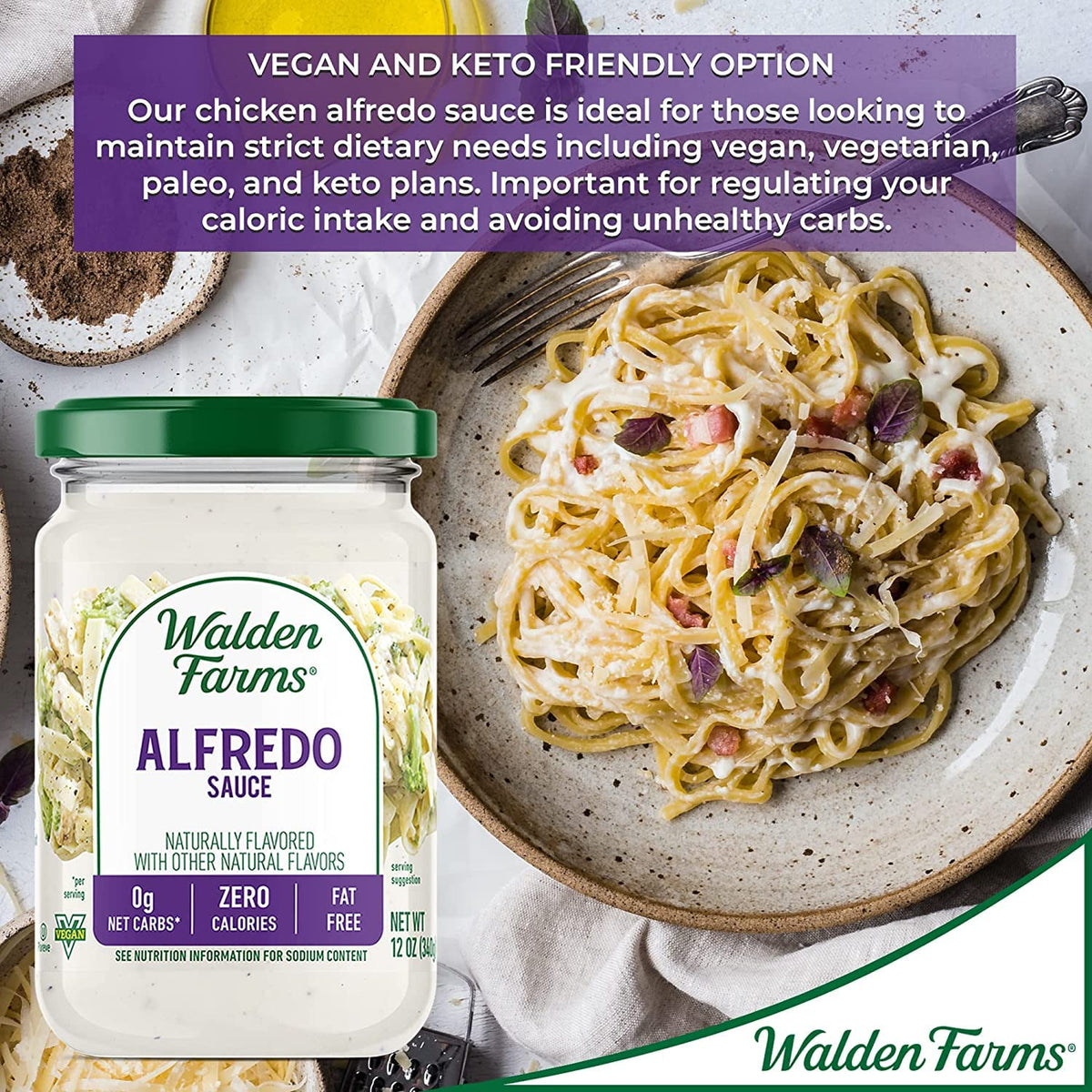 Walden Farms Alfredo sauce label close-up, trusted since 1972