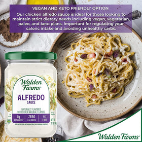 Walden Farms Alfredo sauce label close-up, trusted since 1972