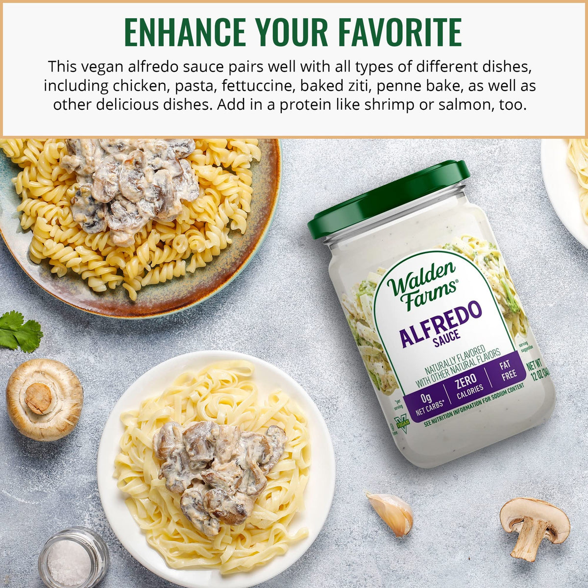 Walden Farms Alfredo sauce on plate, rich flavor with no sugar