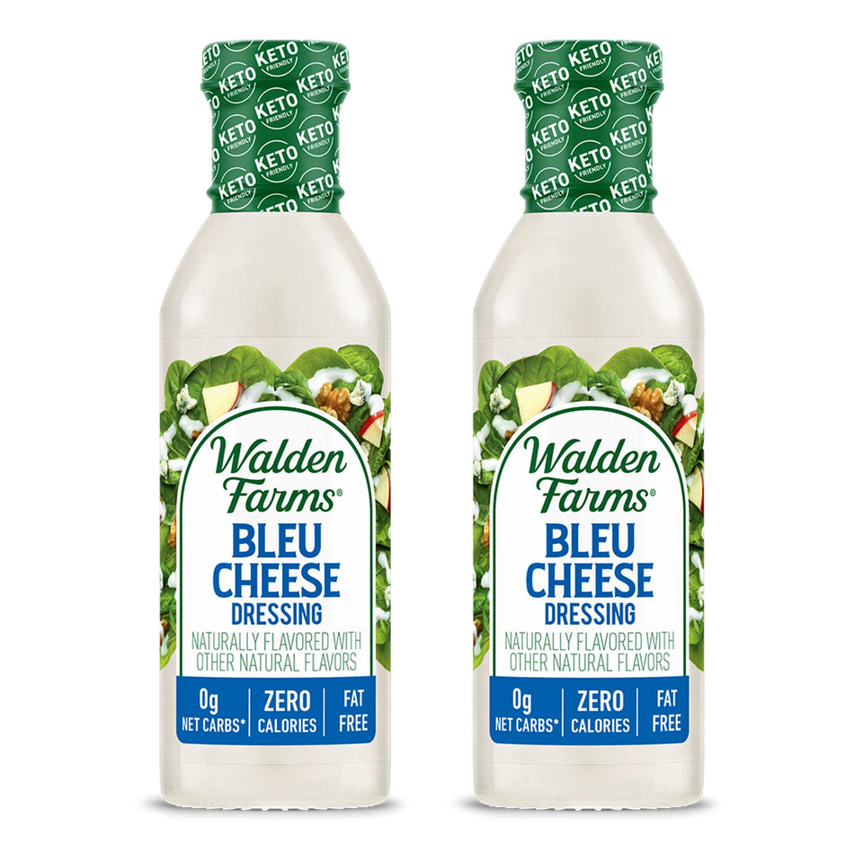 Walden Farms Bleu Cheese Dressing bottle showing calorie-free, bold flavor for salads.