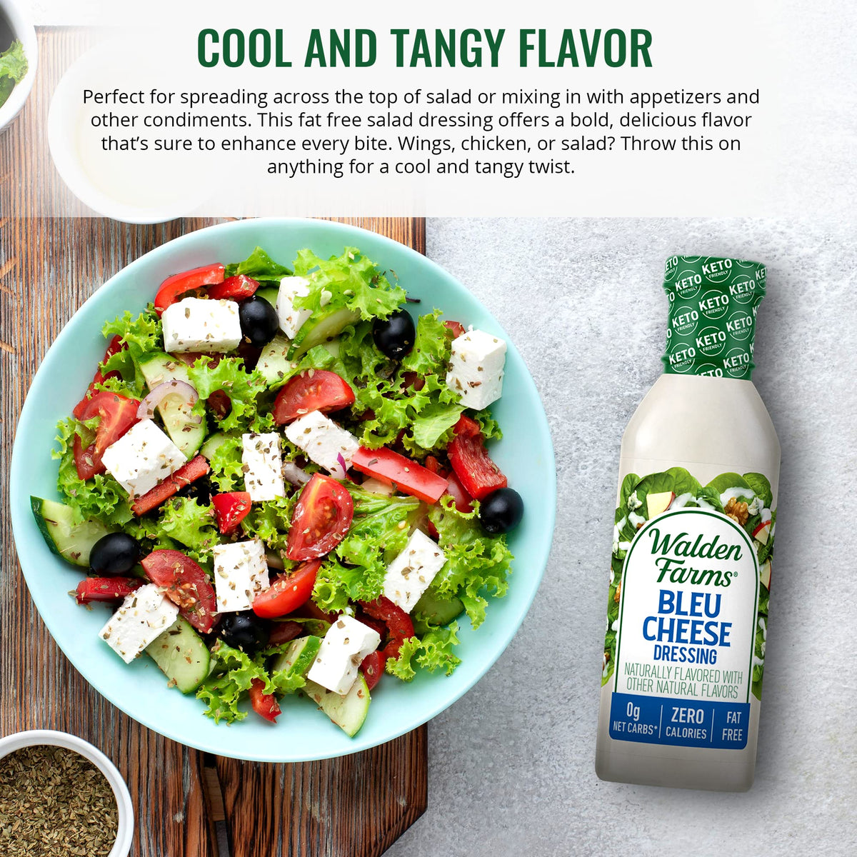 Two Walden Farms Bleu Cheese Dressing bottles with a Cobb salad.
