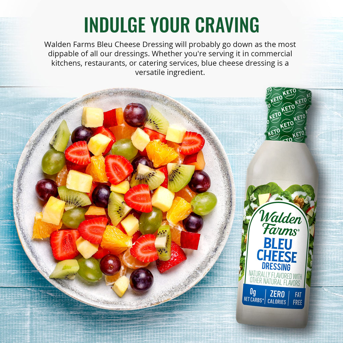 Creamy Walden Farms Bleu Cheese Dressing close-up on vegetables.