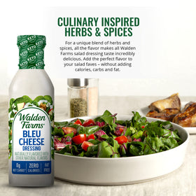 Keto-friendly Walden Farms Bleu Cheese Dressing shown with low-carb lifestyle.