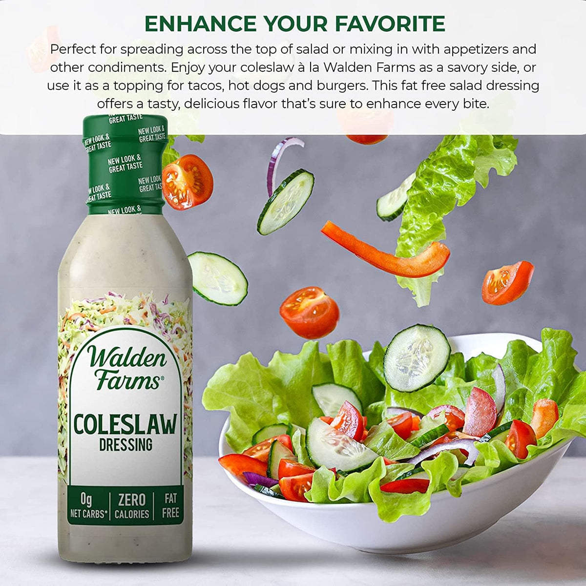 Walden Farms Coleslaw Dressing bottle showcases zero sugar and carbs.