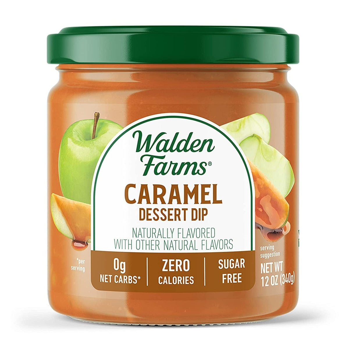 Walden Farms Caramel Dessert Dip on apple slices for zero-calorie, sugar-free indulgence.