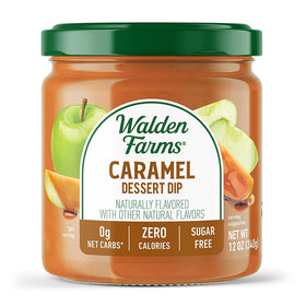 Walden Farms Caramel Dessert Dip on apple slices for zero-calorie, sugar-free indulgence.