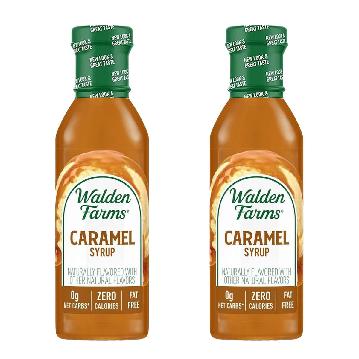Walden Farms Caramel Syrup two-pack bottles front view, zero calories for guilt-free indulgence.