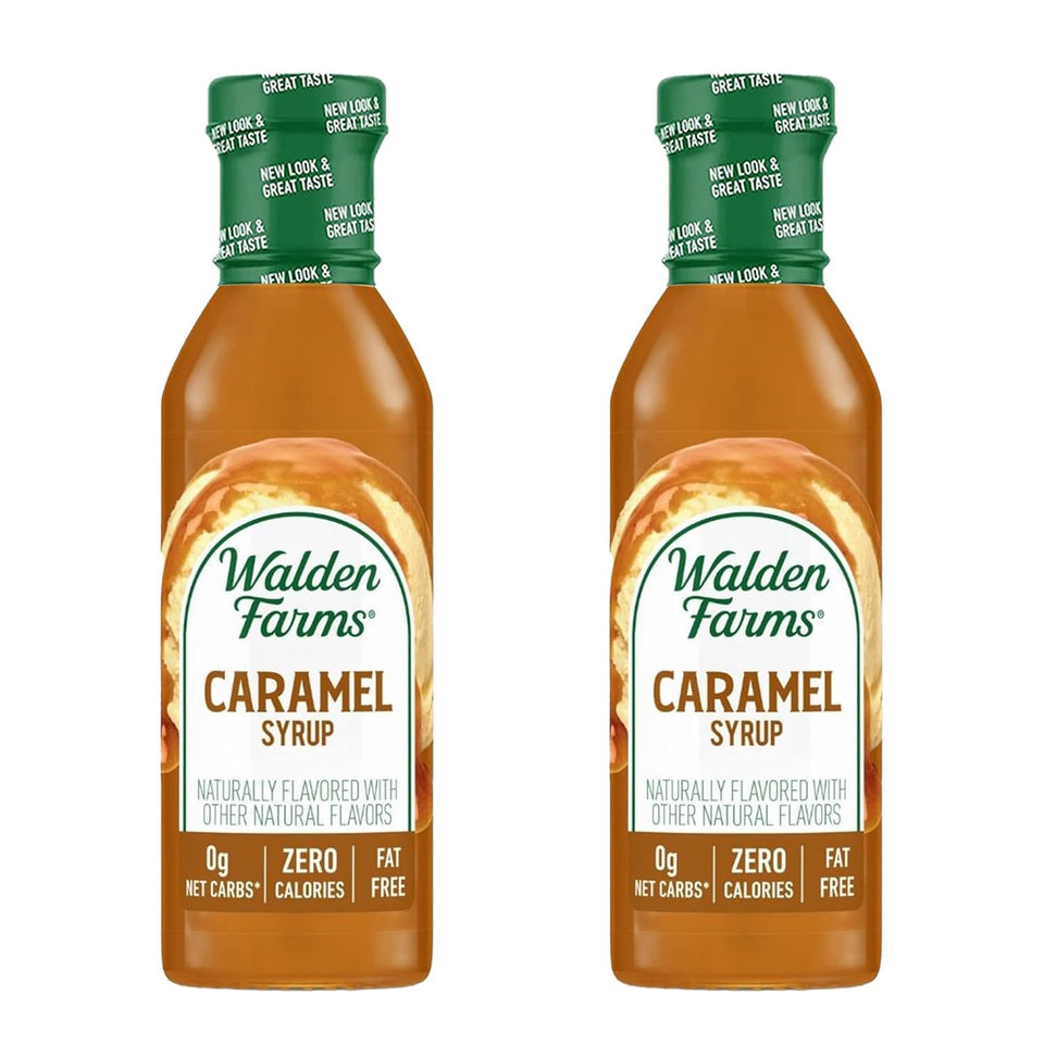 Walden Farms Caramel Syrup two-pack bottles front view, zero calories for guilt-free indulgence.